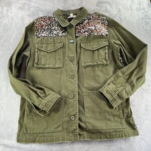 One Hart Utility Jacket Womens L Olive Green Sequin Back Cotton Statement